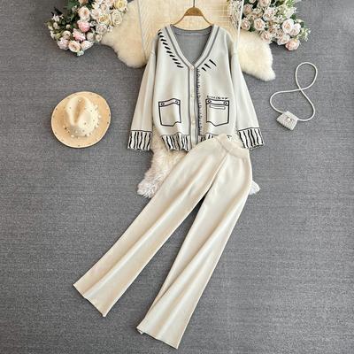 Autunno Inverno Lady Maglia Donna Maglione Tuta Monopetto Cappotto Cardigan dipinto + Pantaloni a gamba larga Donna Set 2 pezzi