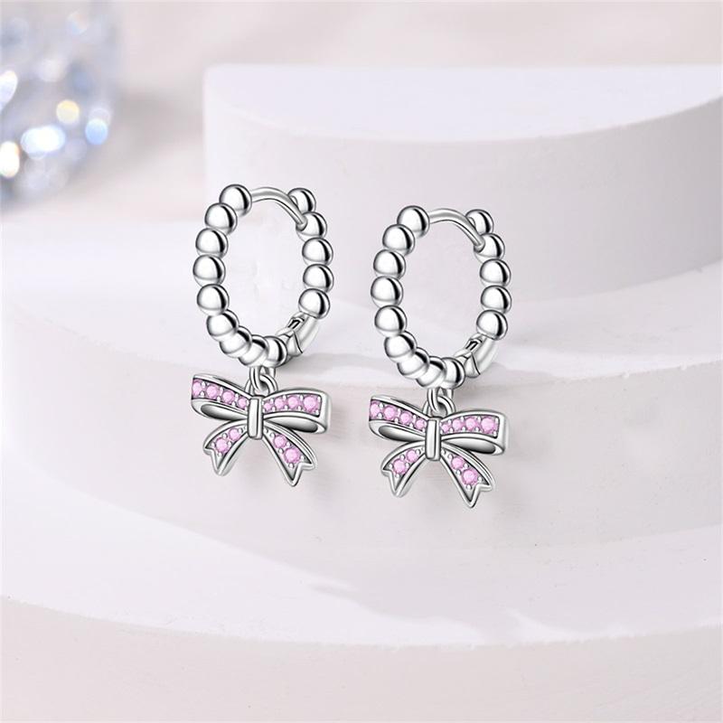 New Earring For Women 925 Silver Sparkling Cordate Zircon Pink Bow Princess Double Hoop Earrings Luxury Festival Party Jewelry