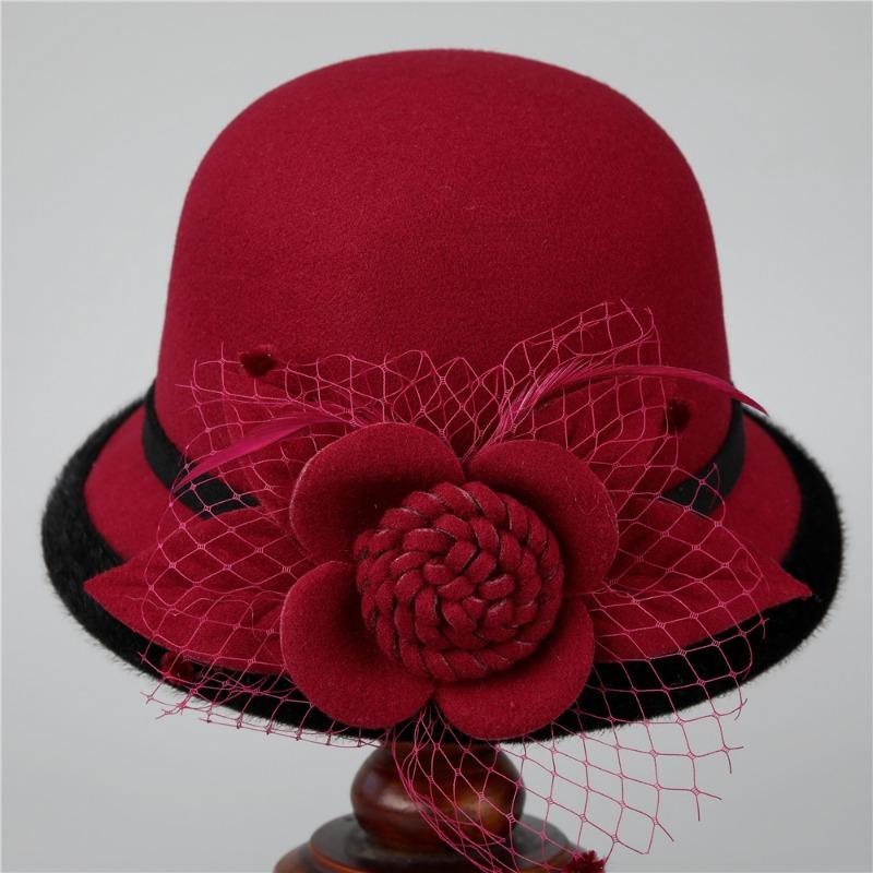 Hats for Women Warm Wool Woolen Hats for Autumn Winter Mother's Temperament Round Top Hats Elegant Retro Mesh Flower Fashion Hats
