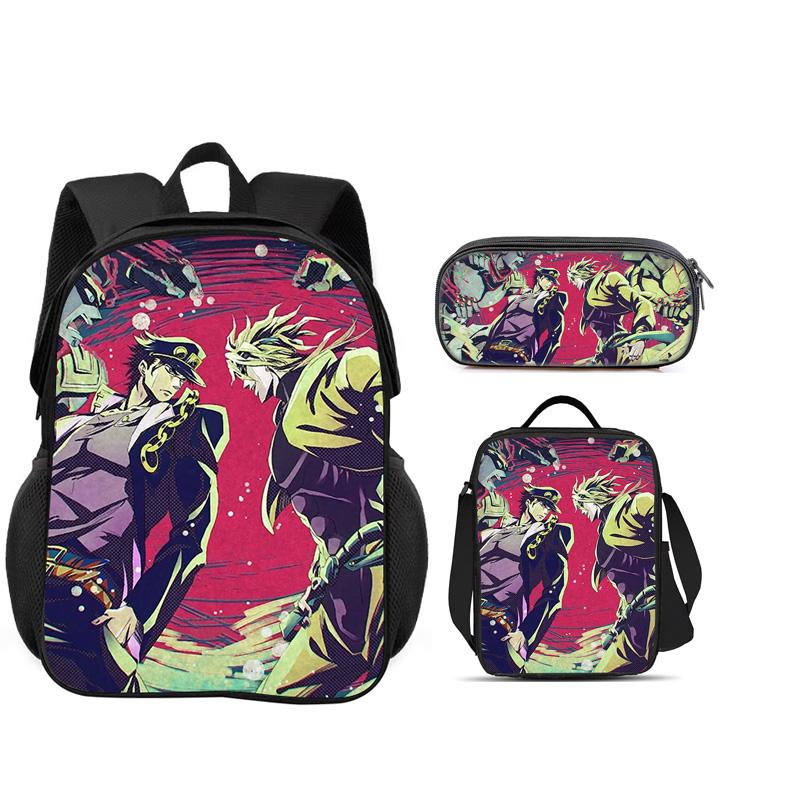 JoJo's Bizarre Adventure 3er Set Rucksack Federmäppchen Eisbeutel Langlebig Trendig Vielseitig Schuljunge und Mädchen Geburtstag Bestes Geschenk