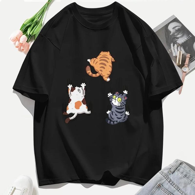Women T Shirts Casual Woman Clothes Crewneck Tee Tops Three Cats Climbing Upwards and Escaping Print T-Shirt
