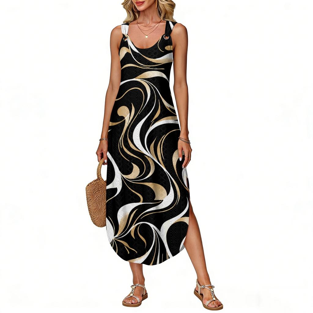 Women's Summer Long Dress, Sleeveless With Side Slits, Long Retro Printed Camisole Dress