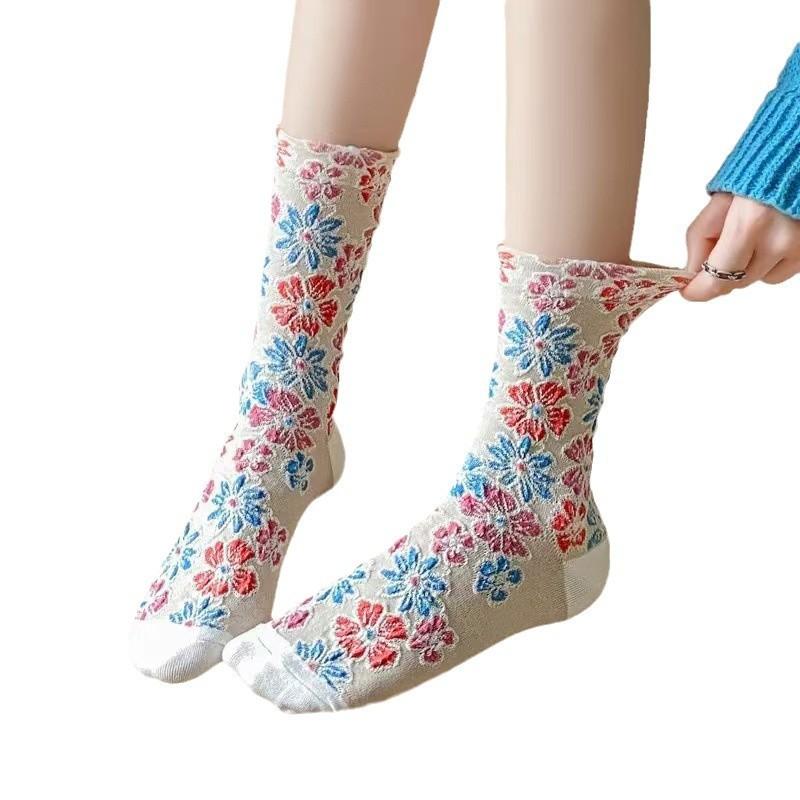 High-value Retro Flower Socks Medium Tube Socks Women's Literary Floral Ethnic Style Flower Mori Women's Cotton Socks
