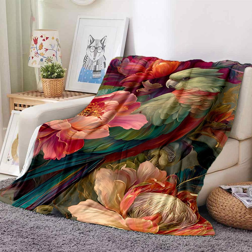 1pc Parrot Blossoms Lightweight Flannel Blanket, Comfortable and Warm Blanket, for Office and Camping Sofa Bed, Livingroom138