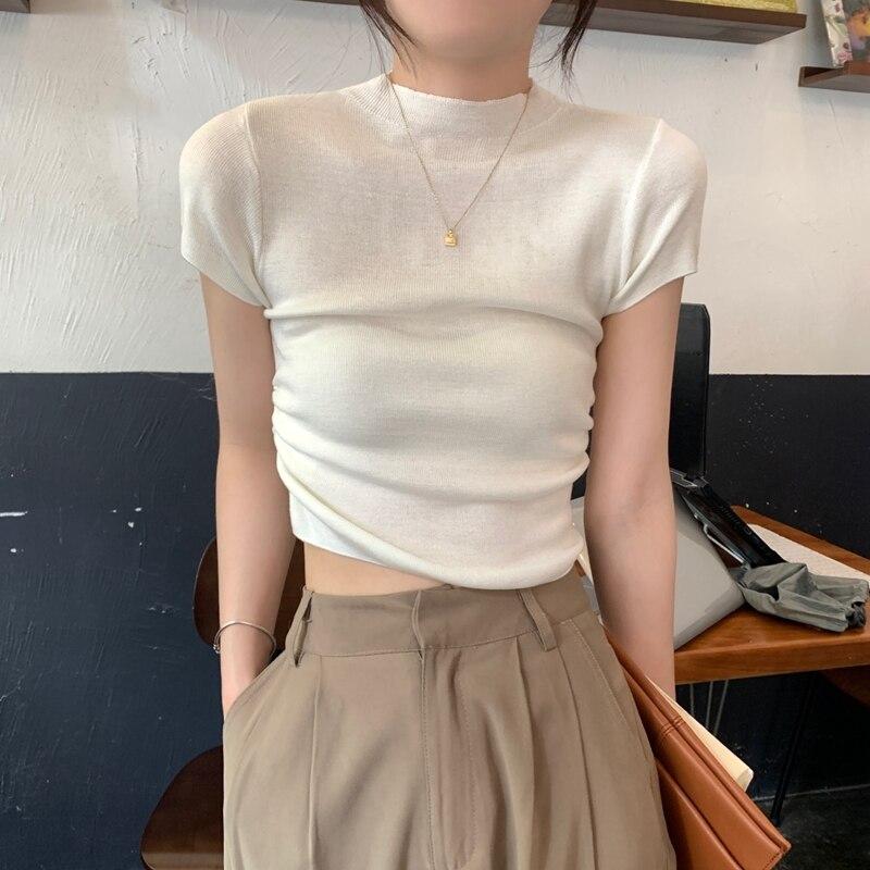 

Летние плиссированные трикотажные женские блузки с коротким рукавом, тонкая повседневная рубашка, женские модные однотонные укороченные топы, женская одежда 25243 One Size белый