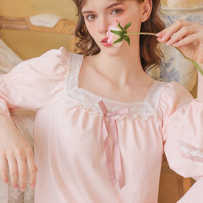 

Женская хлопковая пижама с вышивкой и кружевом - Французский придворный стиль с длинным рукавом для весны и осени XL розовый/оранжевый