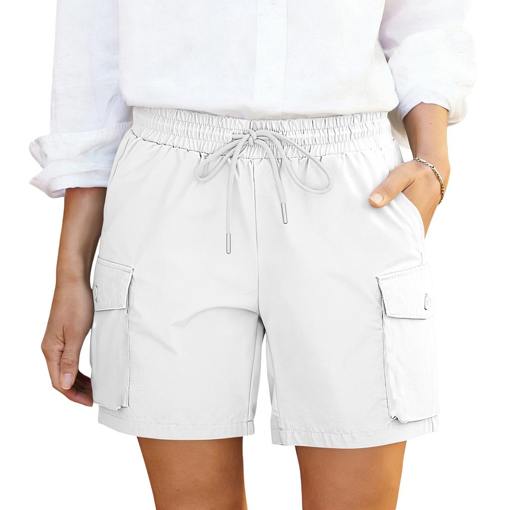 Shorts cargo décontractés pour femmes à taille à cordon avec poches Coupe décontractée Ceinture élastique Tissu léger