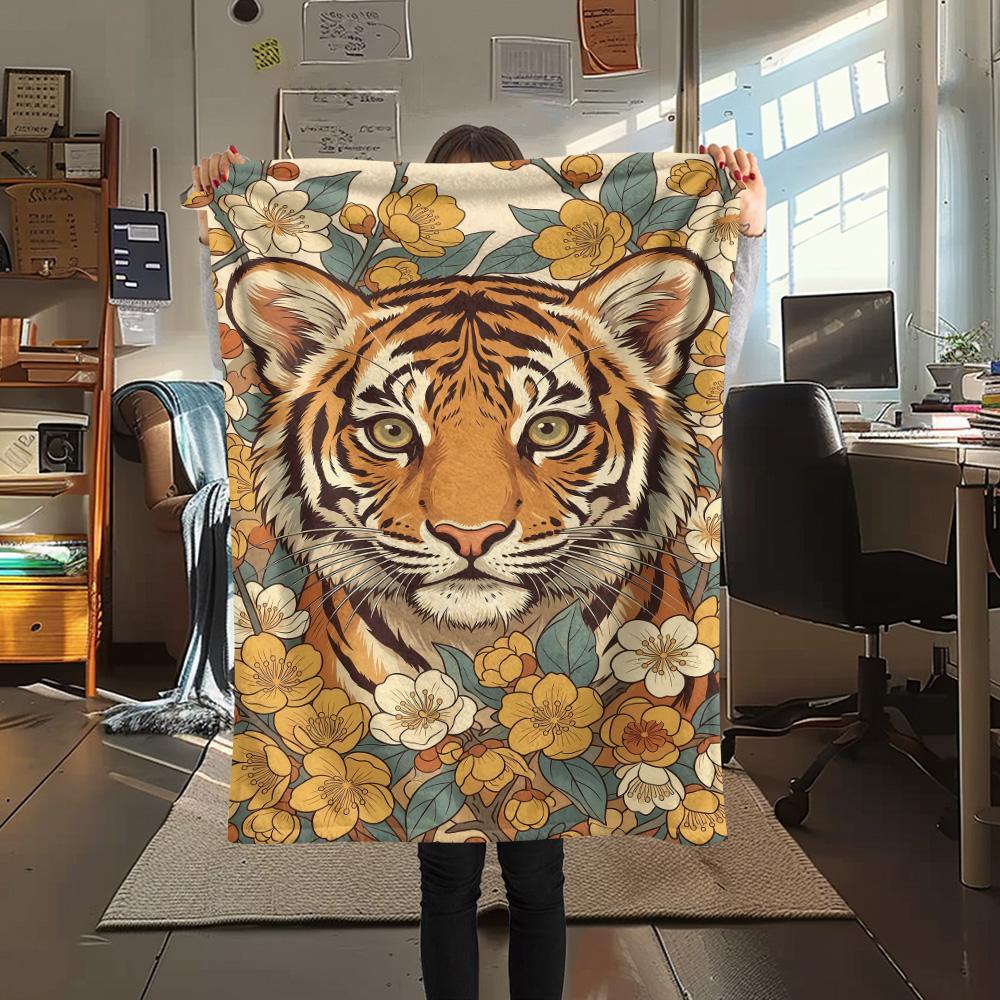 

1PC Tiger and Plum Print FlAannel Blanket, High quality Comfortable for All Seasons, Home Decor, Warmth and Comfort 80cm x 120cm