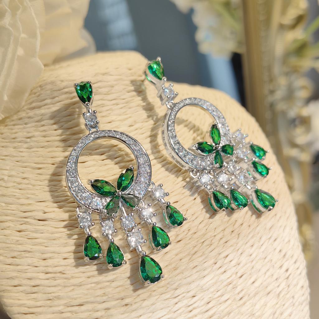 French Vintage Emerald Butterfly Tassel Earrings Earrings Heavy Industry Micro-Set Zircon Dinner Dress Pendant Necklace Women