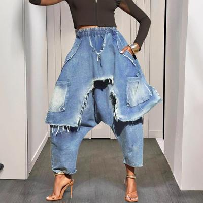 Dam Elastisk Midja Lösa Harem Denim Joggerbyxor Franskade Rivna Patchwork Icke Stretch Normal Vikt Höst Gatustil Punk Stil Cropped Byxor
