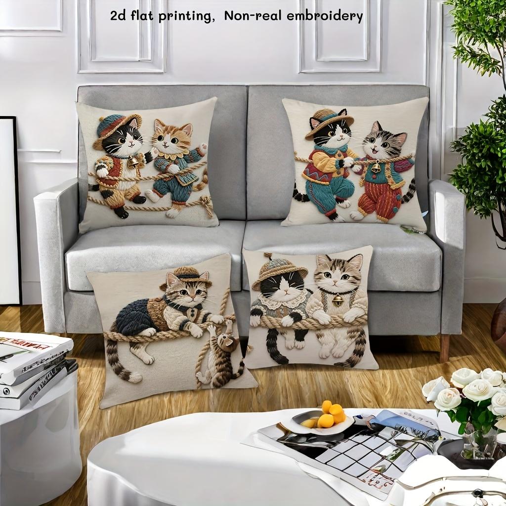 1/4 pz. Carini Copricuscini Decorativi Vintage con Amici Gatti, Adorabili Gatti su Corda, Federe Decorative per Cuscini in Stile Rustico