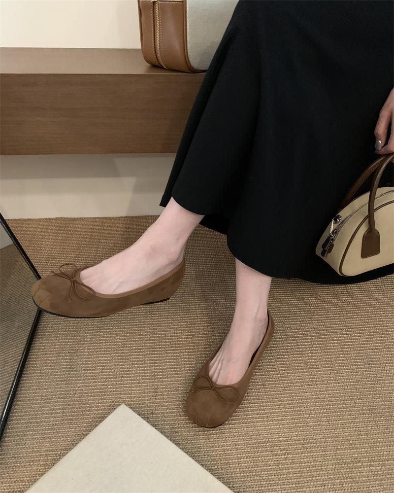 Flat-bottomed Suede Ballet Single Shoes Women's Shoes 2025 New Bow Red Evening Shoes