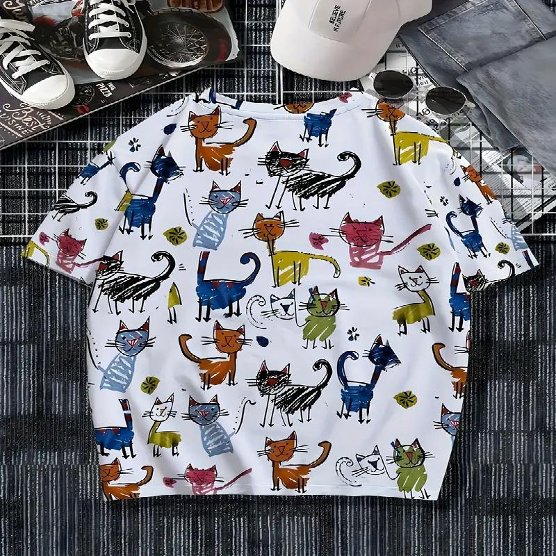 Men's Colorful Cat Pattern T-shirt Casual Polyester Fiber Round Neck Short Sleeved Suitable for Comfortable Outdoor and Daily Life In Summer