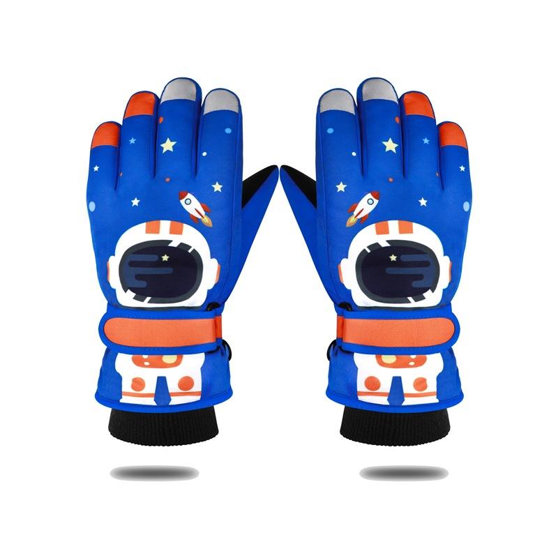 Children's Winter Skiing Gloves Astronaut Five Finger Thickened Windproof and Warm Cycling Gloves for Primary School Students Touch Screen Cartoon