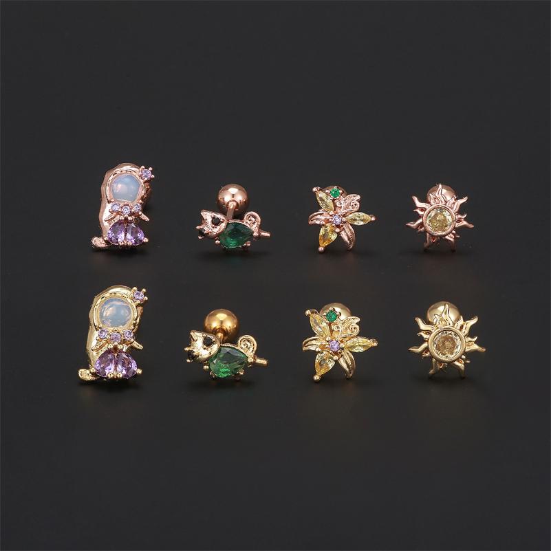One Piece Zirconia Flowers Princess Geometry Piercing Screw Stud Earrings for Women Girls Fashion Jewelry In Summer