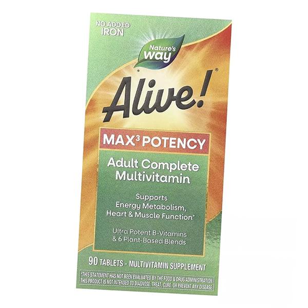 Мультивитамины с железом, Alive! Max3 Potency Adult Complete Multivitamin With Iron, Nature's Way  90таб (36344127)