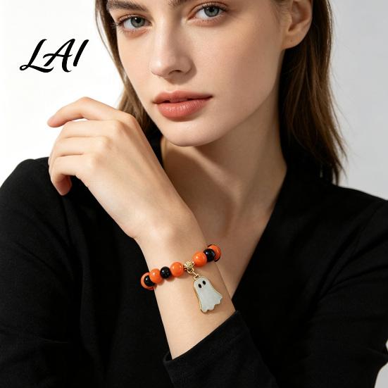 Elastic Bead Jewelry Halloween Beaded Bracelet for Women Orange Black Beads Stretch Festive Stackable Bangles with Ghost Charm Holiday Accessory