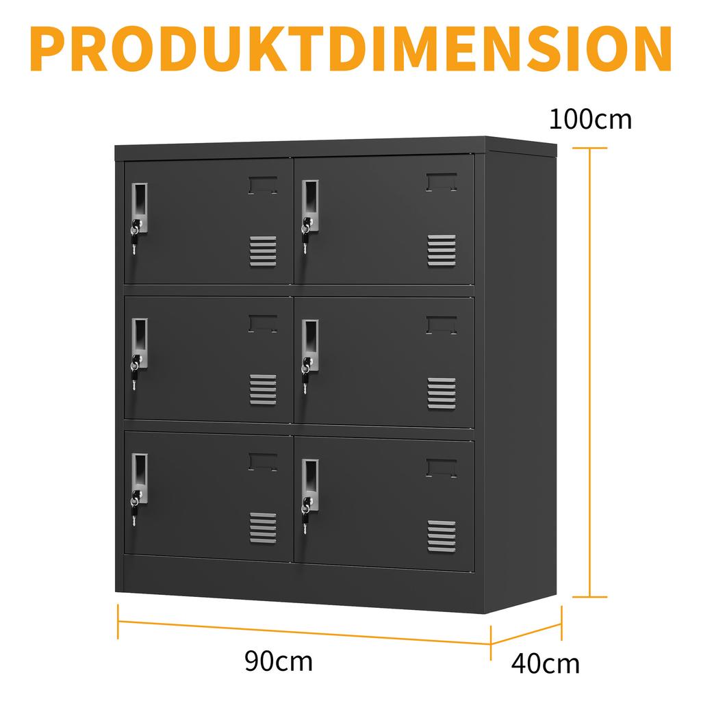 6-Door Metal Cabinets for Office, Gym, School & Home - Secure Storage Cabinet with Card Slot (Black). H 100 cm × B 90 cm × T 40 cm