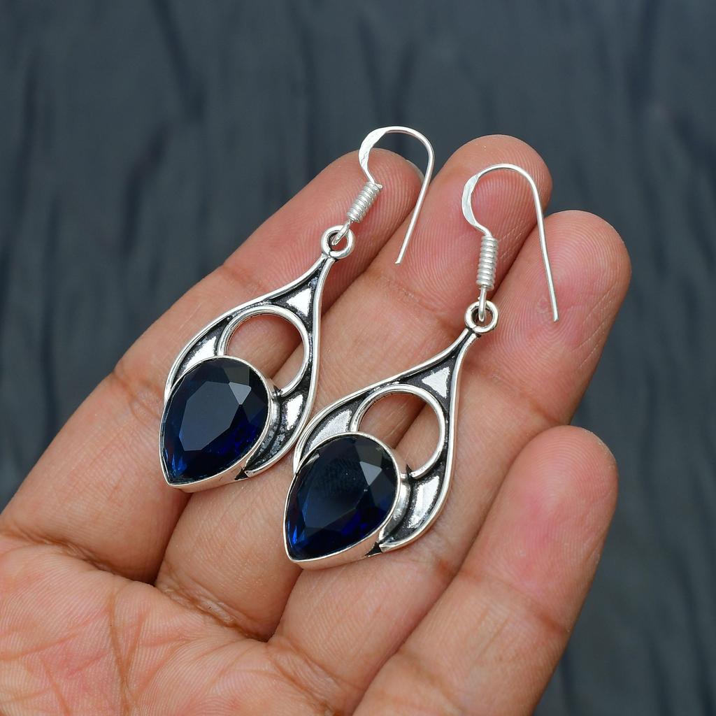 Blue Sapphire Gemstone Handmade 925 Sterling Silver Jewelry Earring