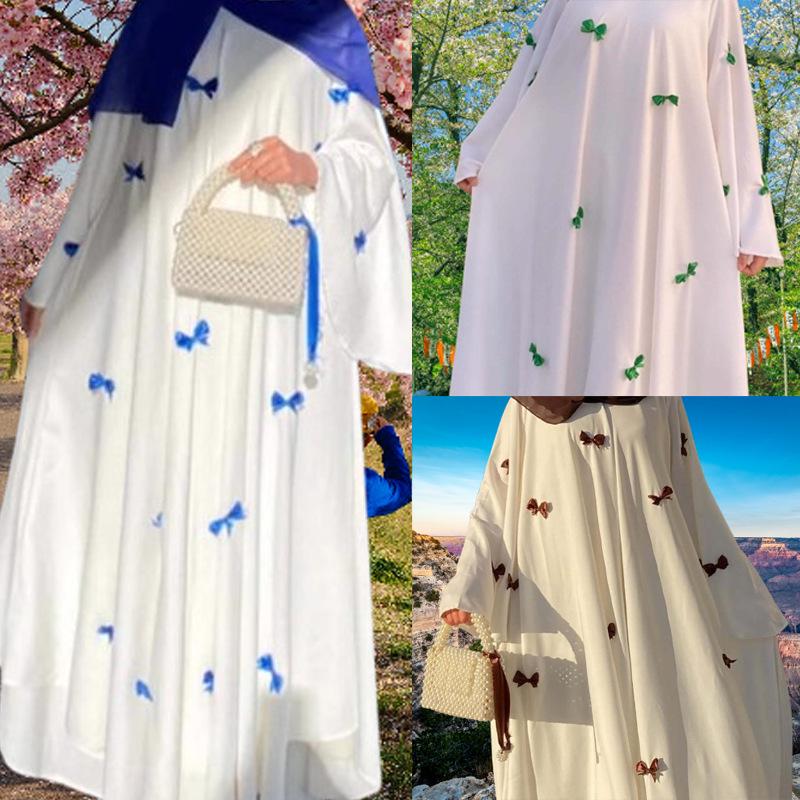 Arabic Women's Plus Size Flare Sleeve Abaya Dress - New 2025 Style, Dubai Bow Design