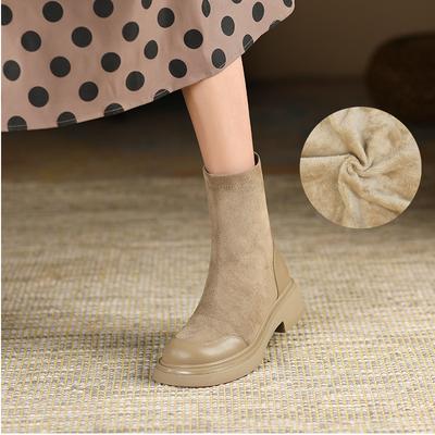 Schmale Wildleder-Kurzstiefel für Damen, neue Martin-Stiefel, Retro-Stretch-Ritterstiefel, dicke Sohle, runde Zehenpartie, kurze Stiefel für Damen