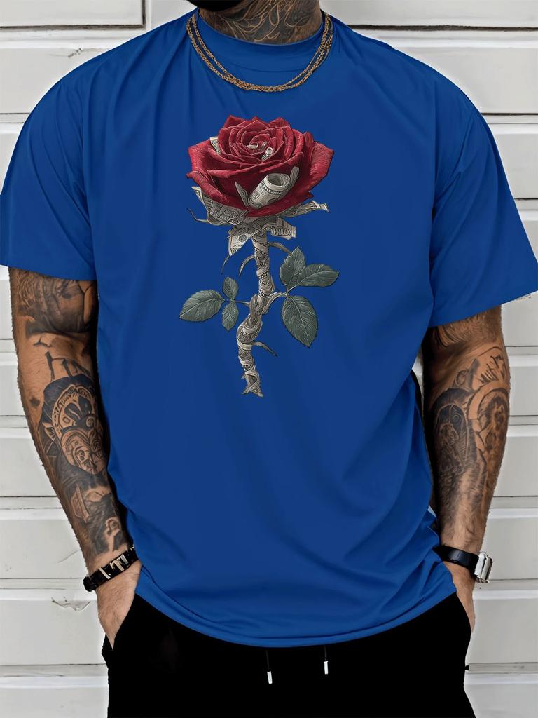 Unisex White Crew Neck Tee Dollar Rose Print Loose Oversized Short Sleeve Unisexs Streetwear Summer Casual Daily Basic Wear Top