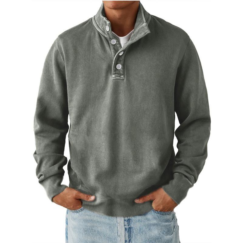 

Men s Washed Henley Long Sleeve Sweatshirt Casual Button Placket Stand Collar Pullover L серый