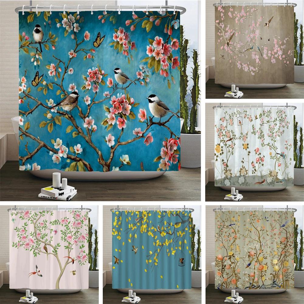 Pandara Jewelry Green Chinese Birds Gradient Shower Curtains For Bathroom Landscape Plants Waterproof Fabric Polyester Bath Decor 180 X 180Cm