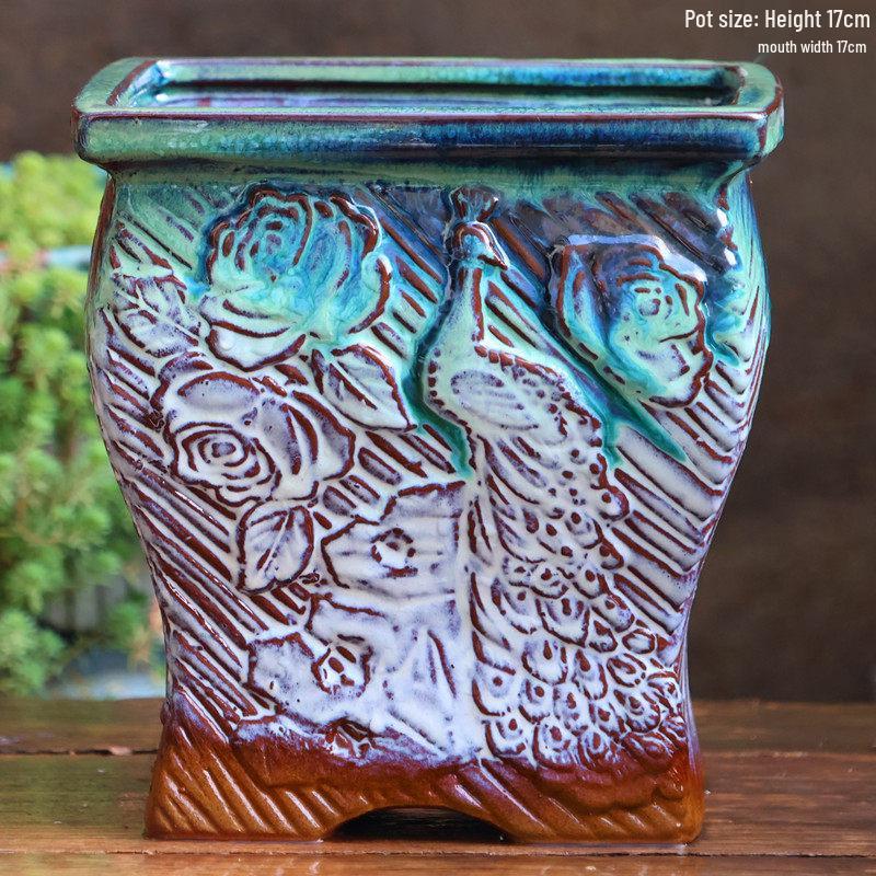 Yixing Handmade Square Mouth Coarse Pottery Planter - Large Succulent Flower Pot with Old Branch Design and Jade Pendant.