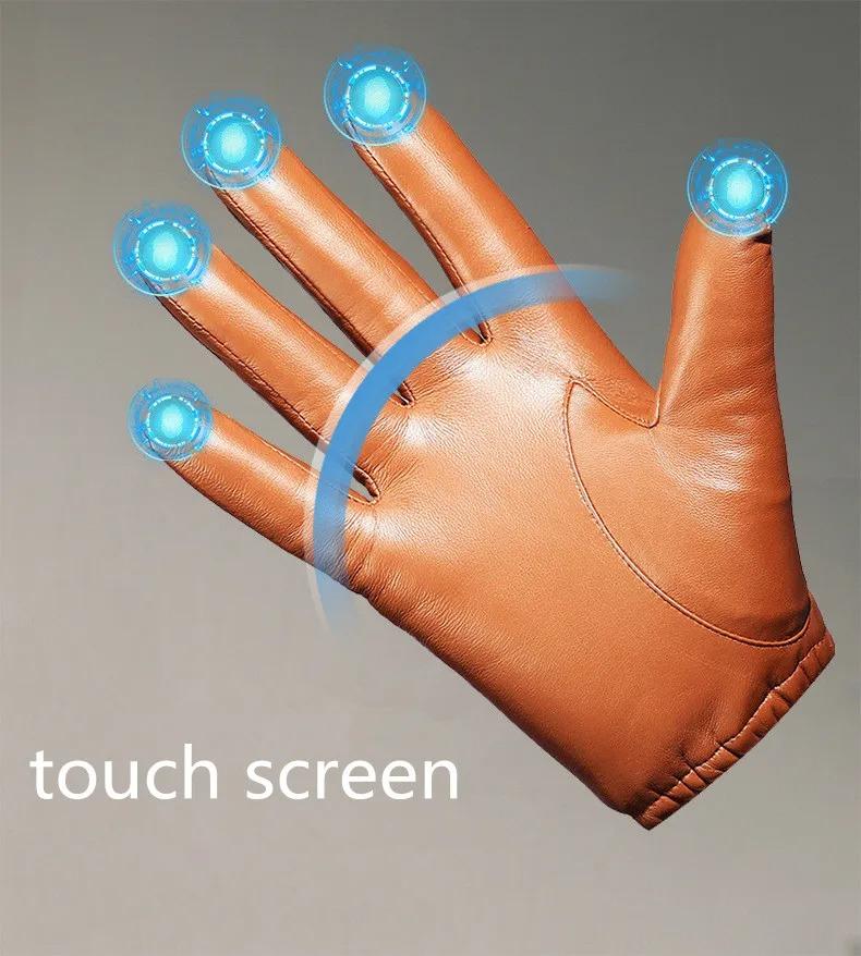 Velvet Linning Men Business Sheepskin Leather Gloves Winter Full Finger Touch Screen Brown Gloves Riding Motorcycle Gloves