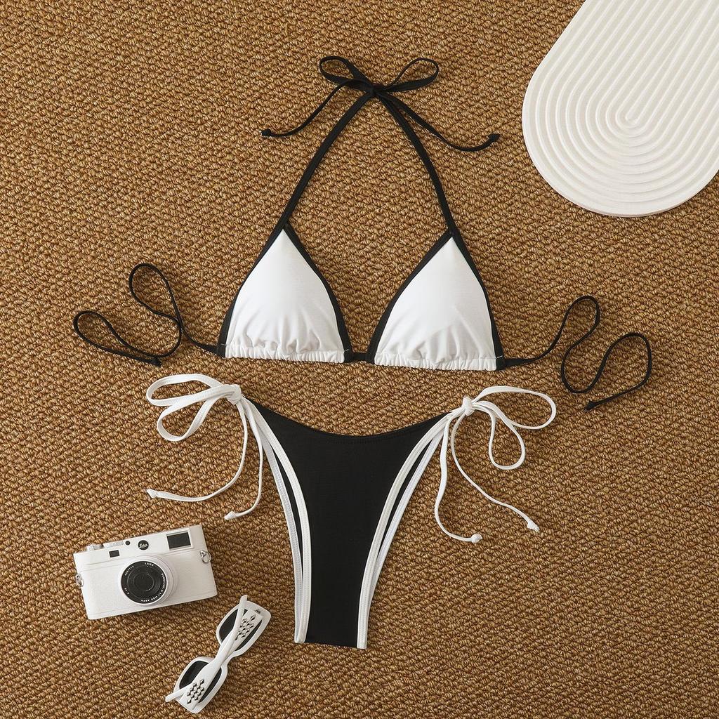 2026 Women's Color Block Lace-up Split Swimsuit with Beach Skirt