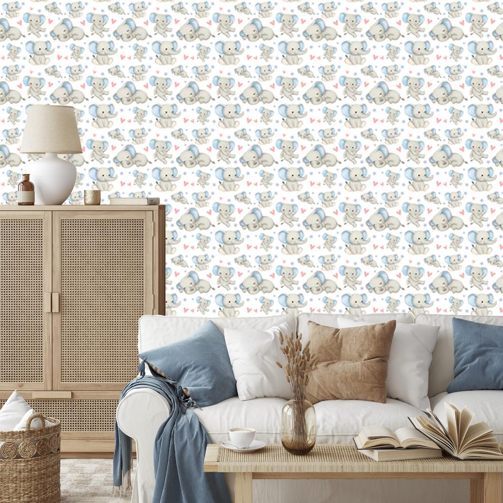 Elephant Wallpaper White, Light Gray and Azure for Living Room and Bedroom 50x1000