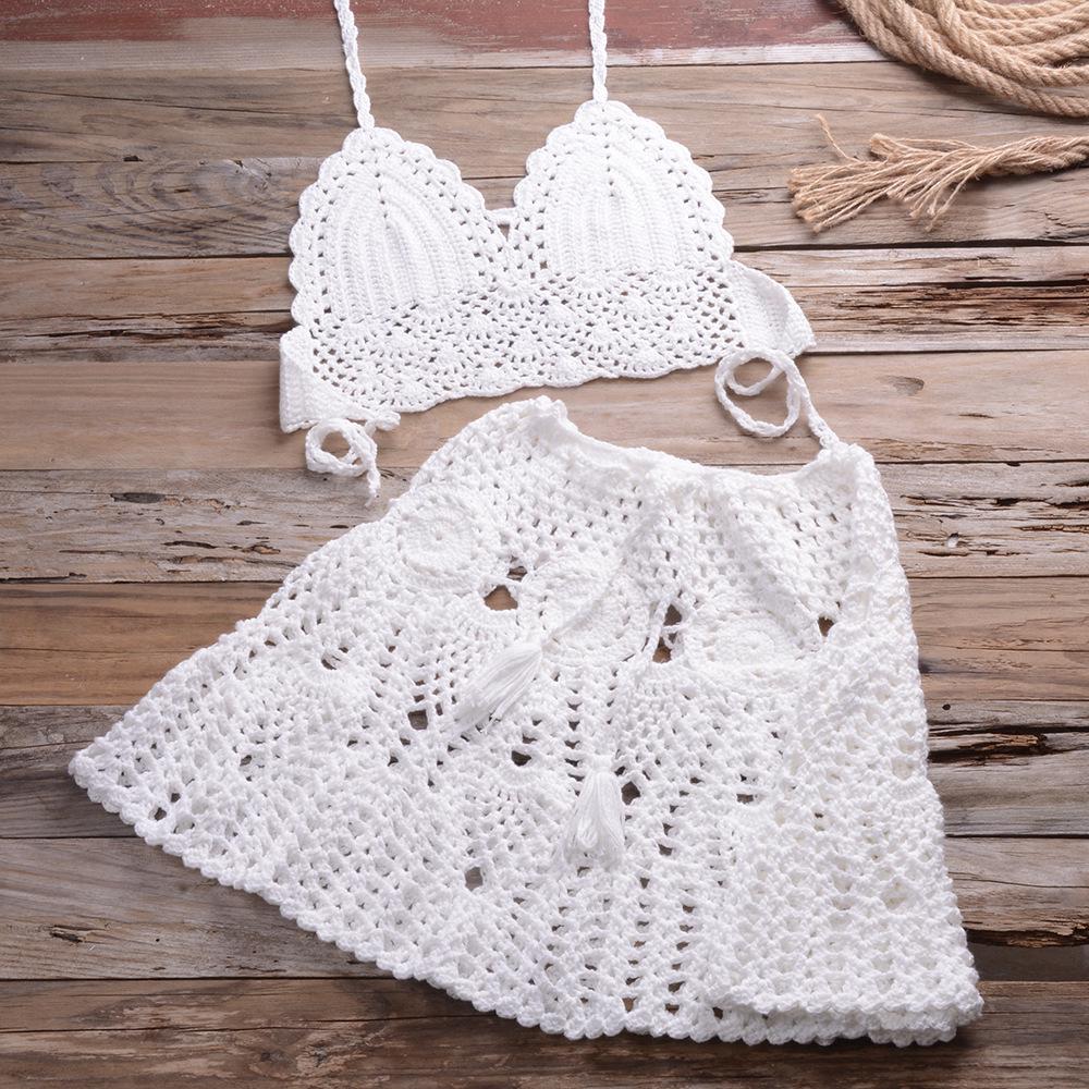 2025 Trendy European & American Hand-Crocheted Bikini Bandeau with Versatile Pleated Skirt Swimsuit