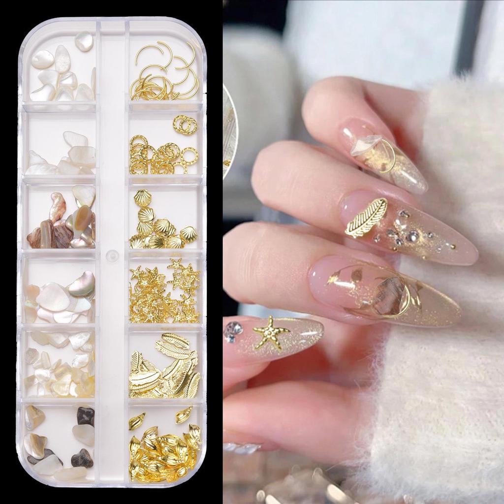 Ultra-Thin Abalone Nail Art Kit: 12-Grid Mixed Ornaments with Shells, Rivets, Pearls, and Rhinestones.