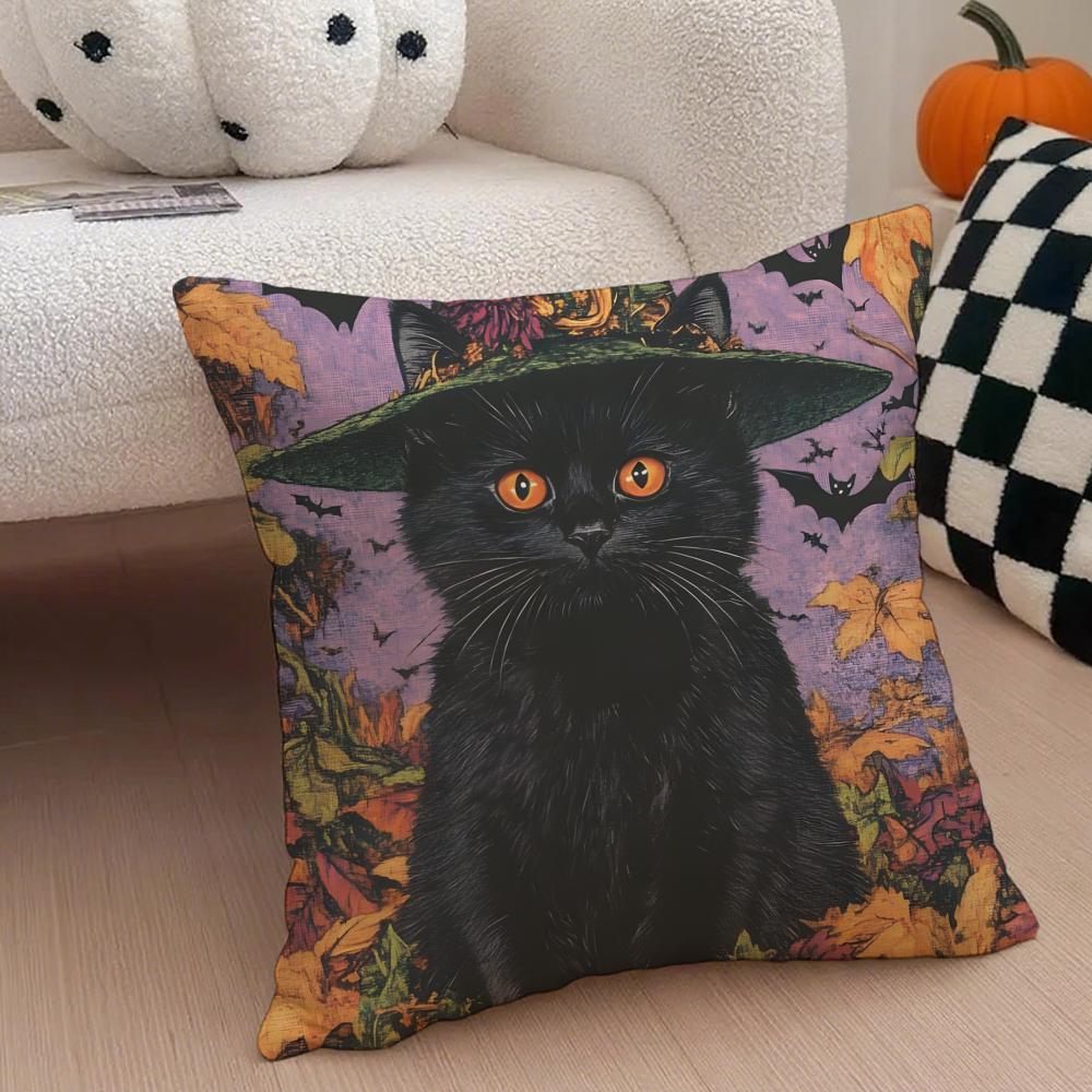 Character Spooky Halloween magic cat Cushion Cover Throw Pillow Cover Hidden Button Durable Polyester Chair Cushion
