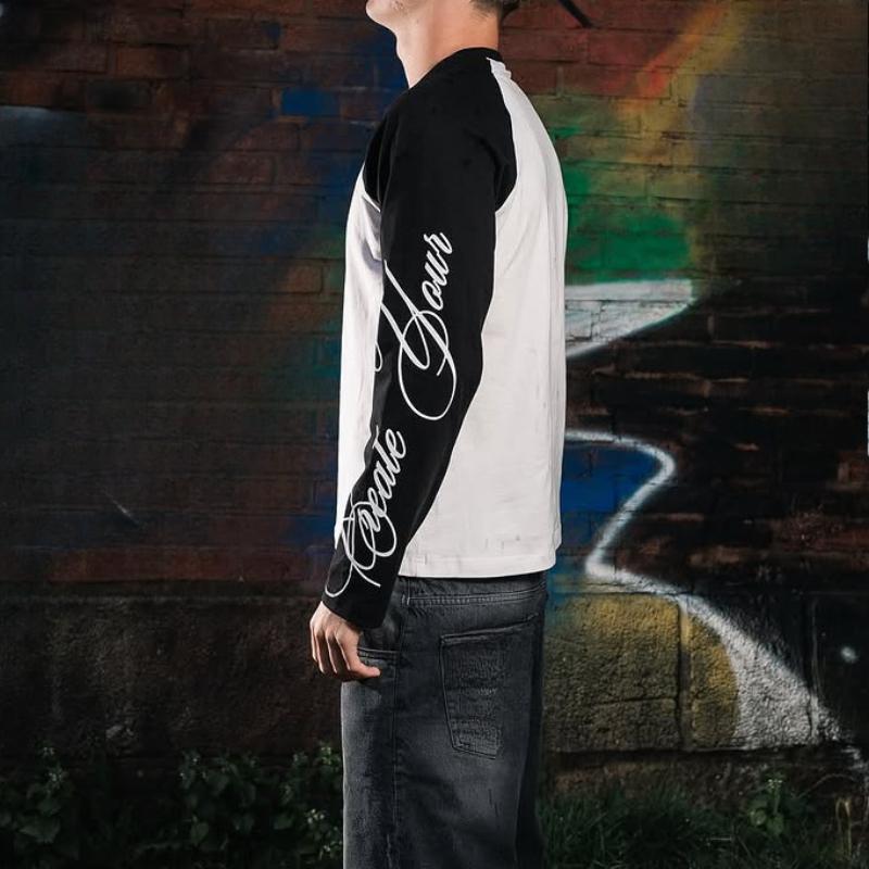 European and American round neck long sleeved letter printed men's loose casual color blocked top