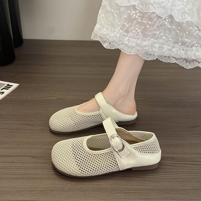 

Knitted mesh breathable single shoes women s summer outer wear soft-soled flat shoes versatile casual soft-soled one-word buckle sandals 35