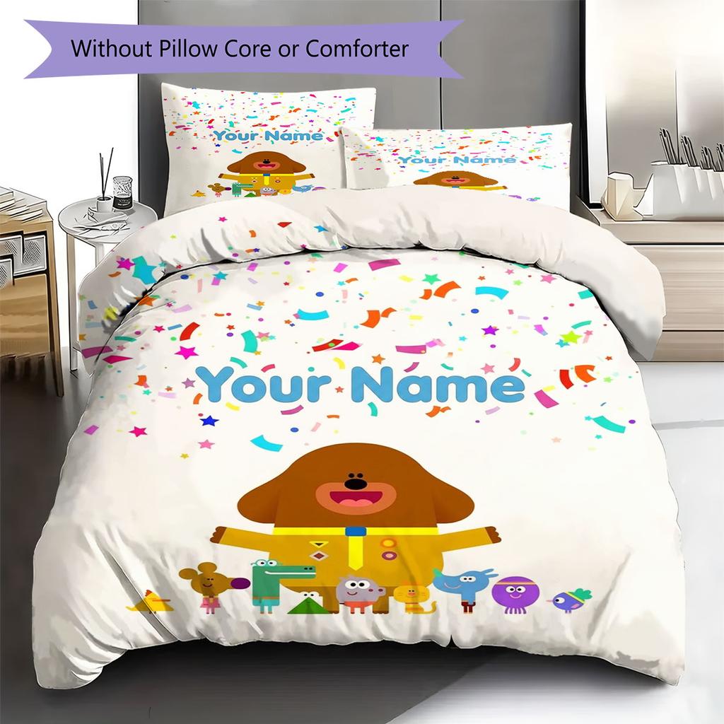 Hey Duggee Custom Name Pattern Bedding,Quilt Set Quilt Cover Pillowcase Home Birthday Gift(1 * duvet cover + 2 * pillowcase, without core)
