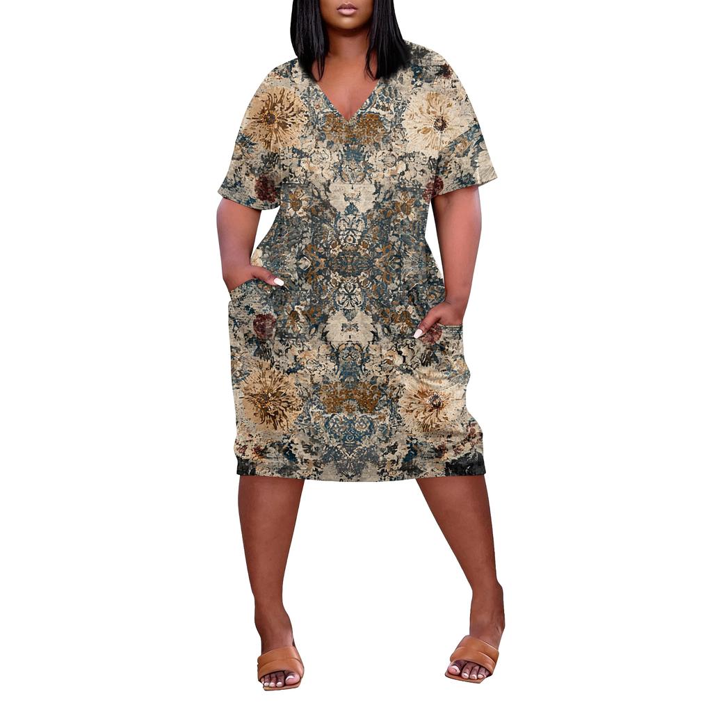 Letní nadměrné velikosti V výstřih krátký rukáv ke kolenům kapsa potisk ležérní šaty pro ženy