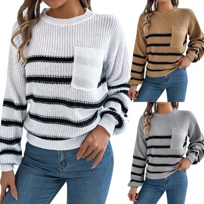 Women's Fashion Casual Loose Contrast Striped Round Neck Sweater Long Sleeve Pocket Pullover Top