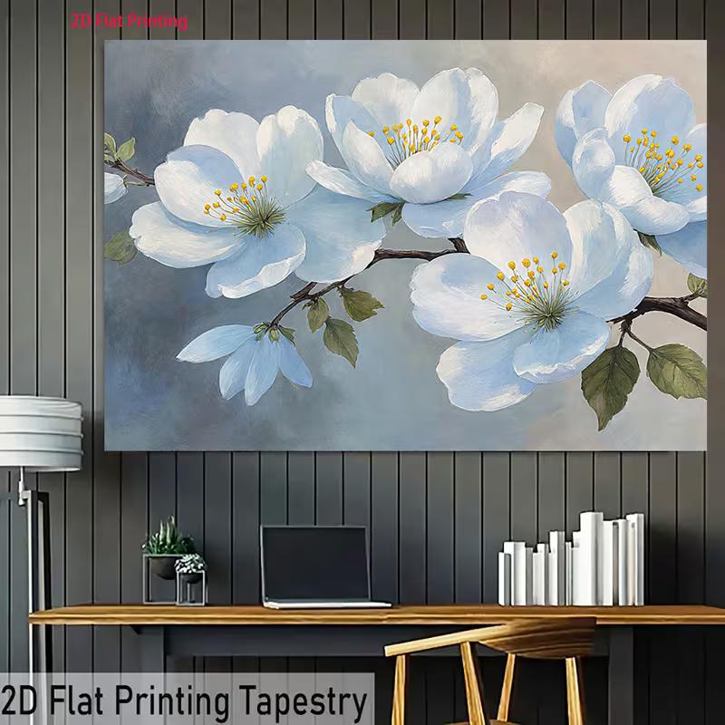 2D Flat Floral Art Backdrop Light Blue Magnolia with Green Leaves Background Cloth
