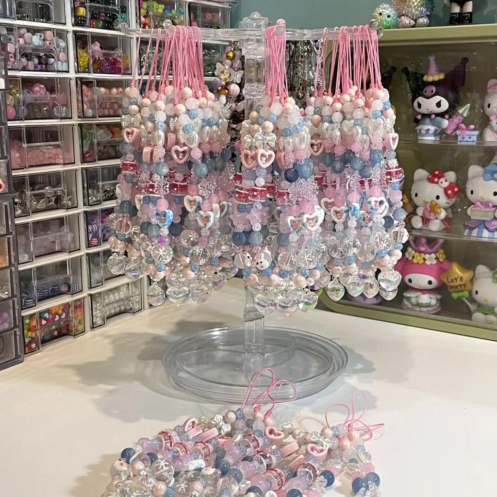 Cool Girl Pink Blue Phone Strap Lanyard Cute Kawaii Bead DIY Customized Pendant Key Chain For iPhone Oppo Vivo Camera Case