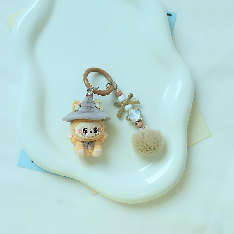 1 Piece Cartoon Flocking Wizard Labubu Keychain Cute Bag Hanging Pendant Backpack Earphone Case Decoration Birthday Gifts