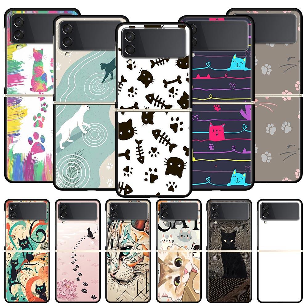 Abstract Creative Cute Cat Line Pattern Hard PC Phone Case For Samsung Galaxy Z Flip 7 6 5 4 Black Cover For Galaxy Z Flip 3 Bag