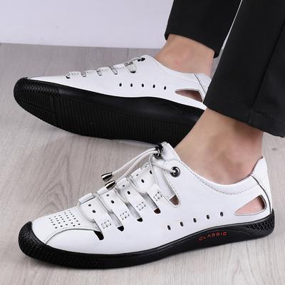 Genuine Leather Summer White Lace Up Hollow Sandals Roman Style Designer Shoes Luxury Brand Breathable Beach Men Shoes Mocassins