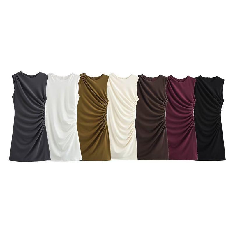 Kaslead New Arrival Women's Clothing Fashion Style Multi-Color Selection Pleated Round Neck Short Sleeveless Dress 3067260