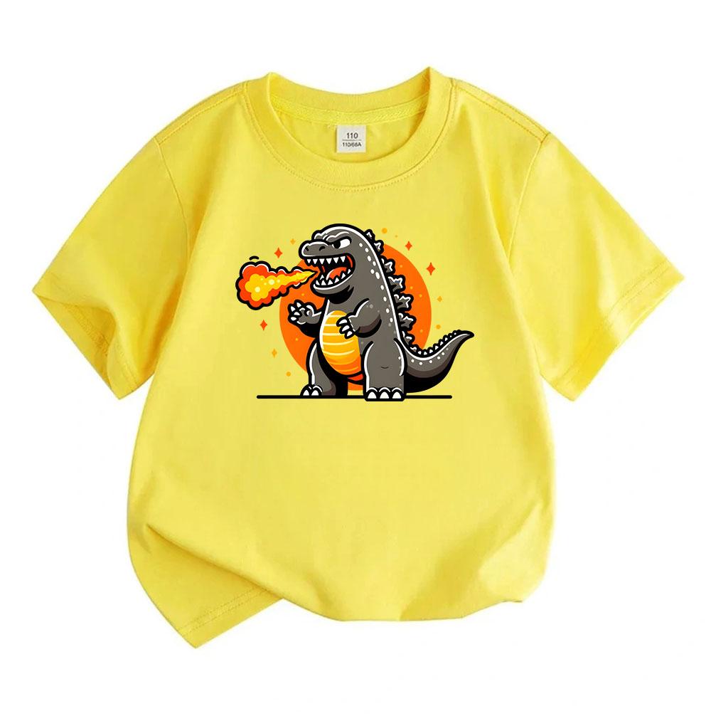 Cute Cartoon Dinosaur Fire Breath Print Kids T Shirt 100% Cotton Crew Neck Short Sleeve Tee for Boys Girls Casual Lightweight Soft Summer Daily Wear T