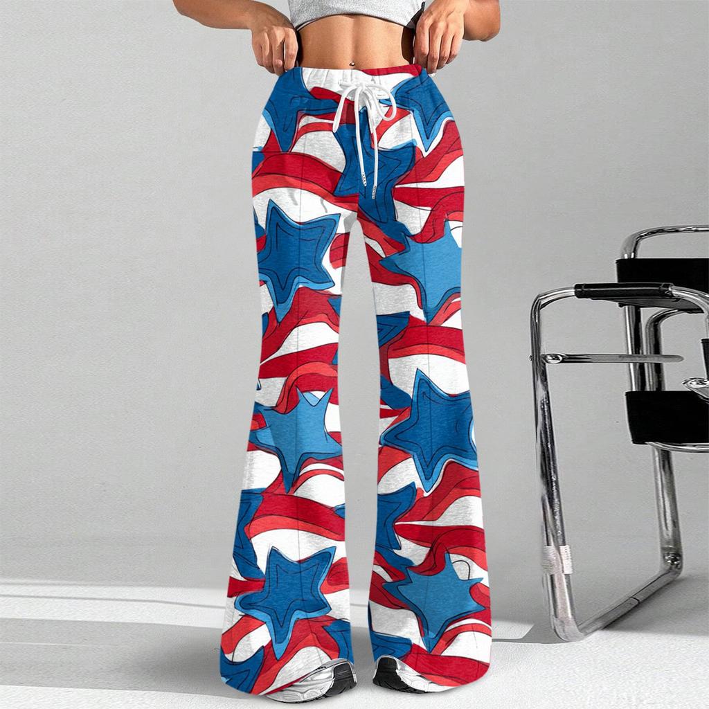 Women's Fashion Loose Drawstring Tight Waist Independence Day Printed Casual Sports Pants Casual Flared Pants