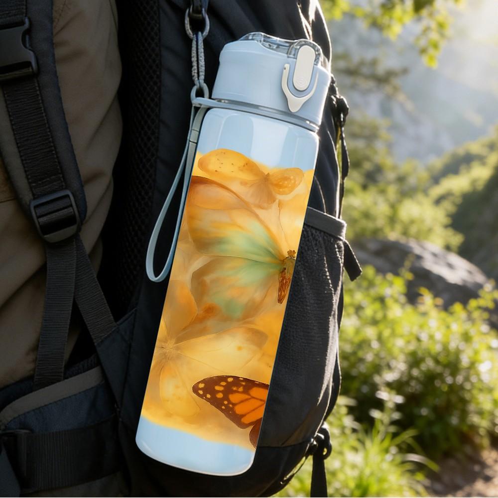 1PC Butterfly On Warm Tone Flower Print 750ml Color Plastic Sports Water Bottle Leakproof Flip Straw Lid Suitable for Sports Office Home Use