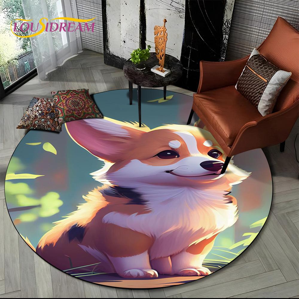 Cute Dog Samoye,Chihuahua,Koki Pomeranian Cartoon Round Carpet Rug for Living Room Bedroom Decor,kids Pet Area Rug Non-slip Mat
